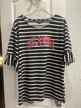 Oklahoma Striped Ruffle Sleeve Tee - Black & White with Red Logo